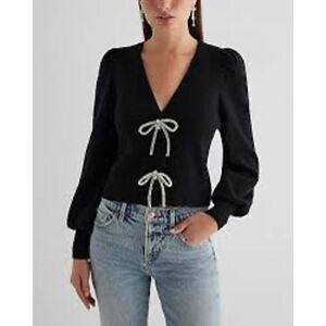 Express V-Neck Embellished Bow Puff Sleeve Cardigan Sweater Black Sz XS
